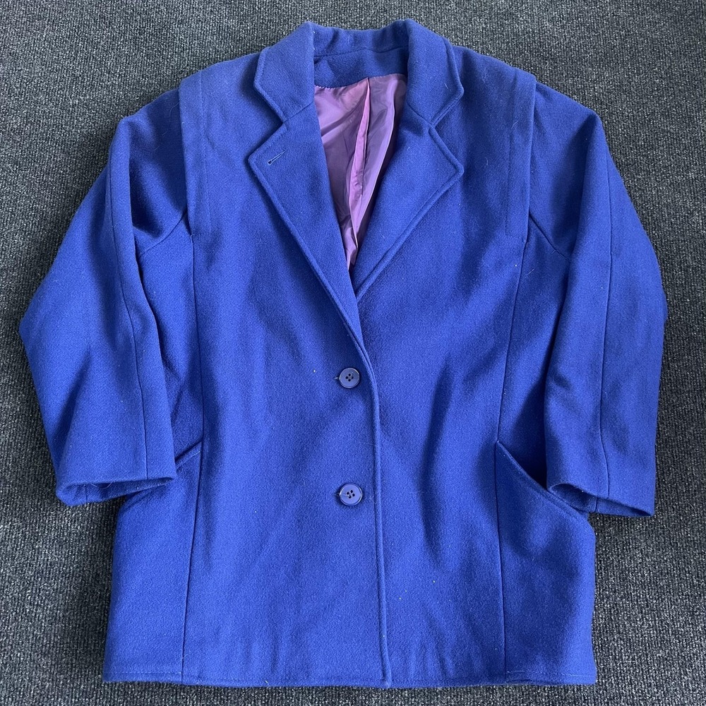 Vintage Wool Coat Womens 8 Blue 3/4 Sleeve Short Lined Single Breasted Union USA